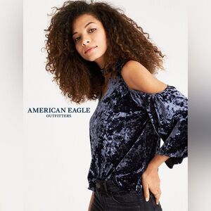 American Eagle Medium Crushed Blue Velvet Off the Shoulder Top